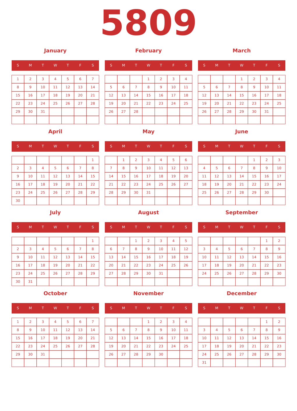 Printable 5809 Year Calendars red