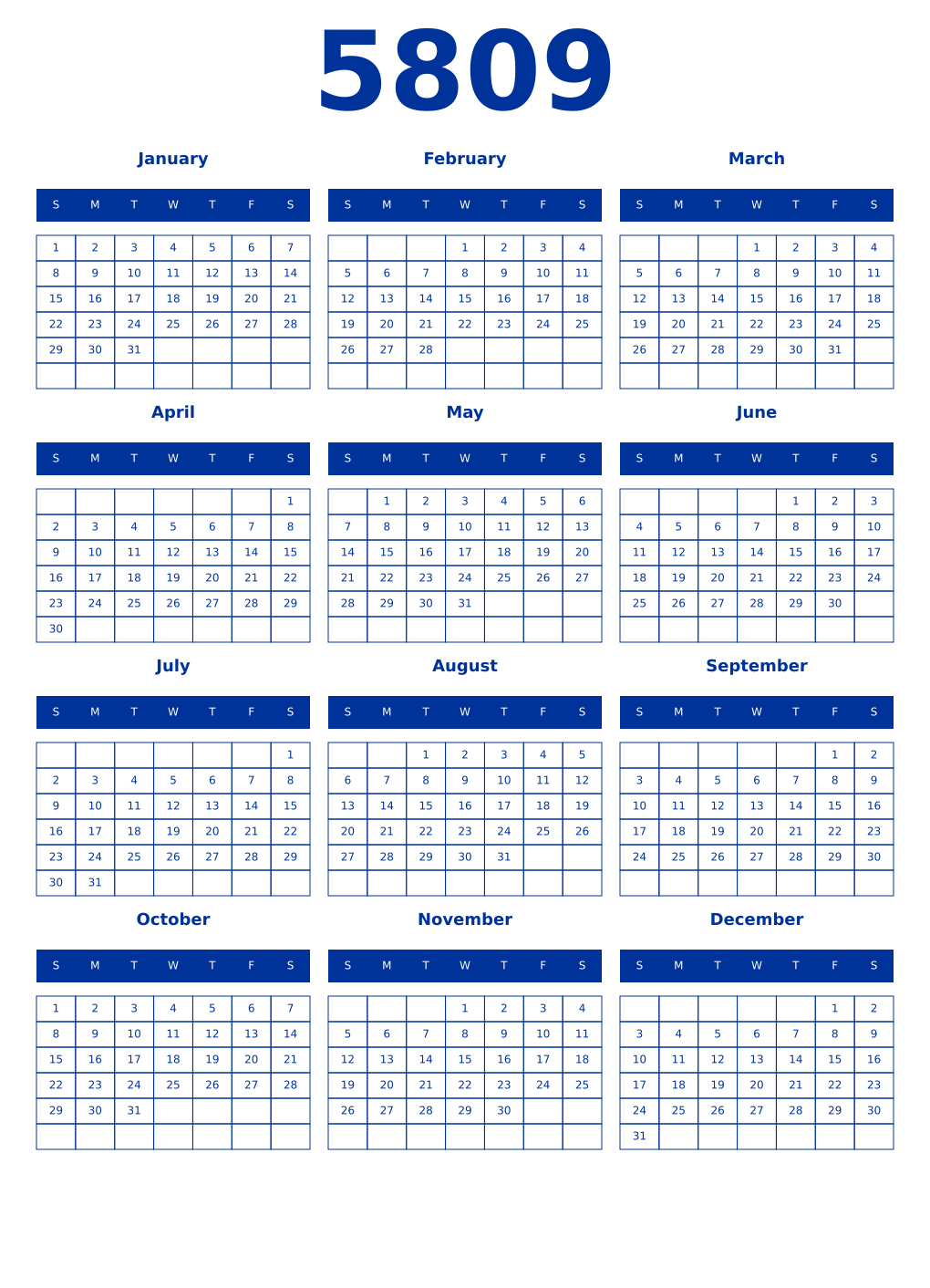 Printable 5809 Year Calendars smalt