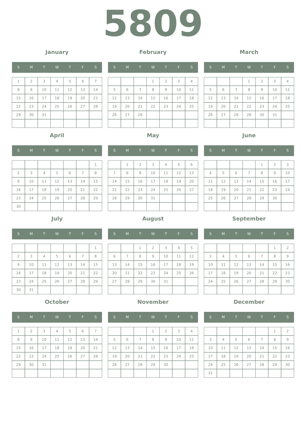 Printable 5809 Year Calendars xanadu