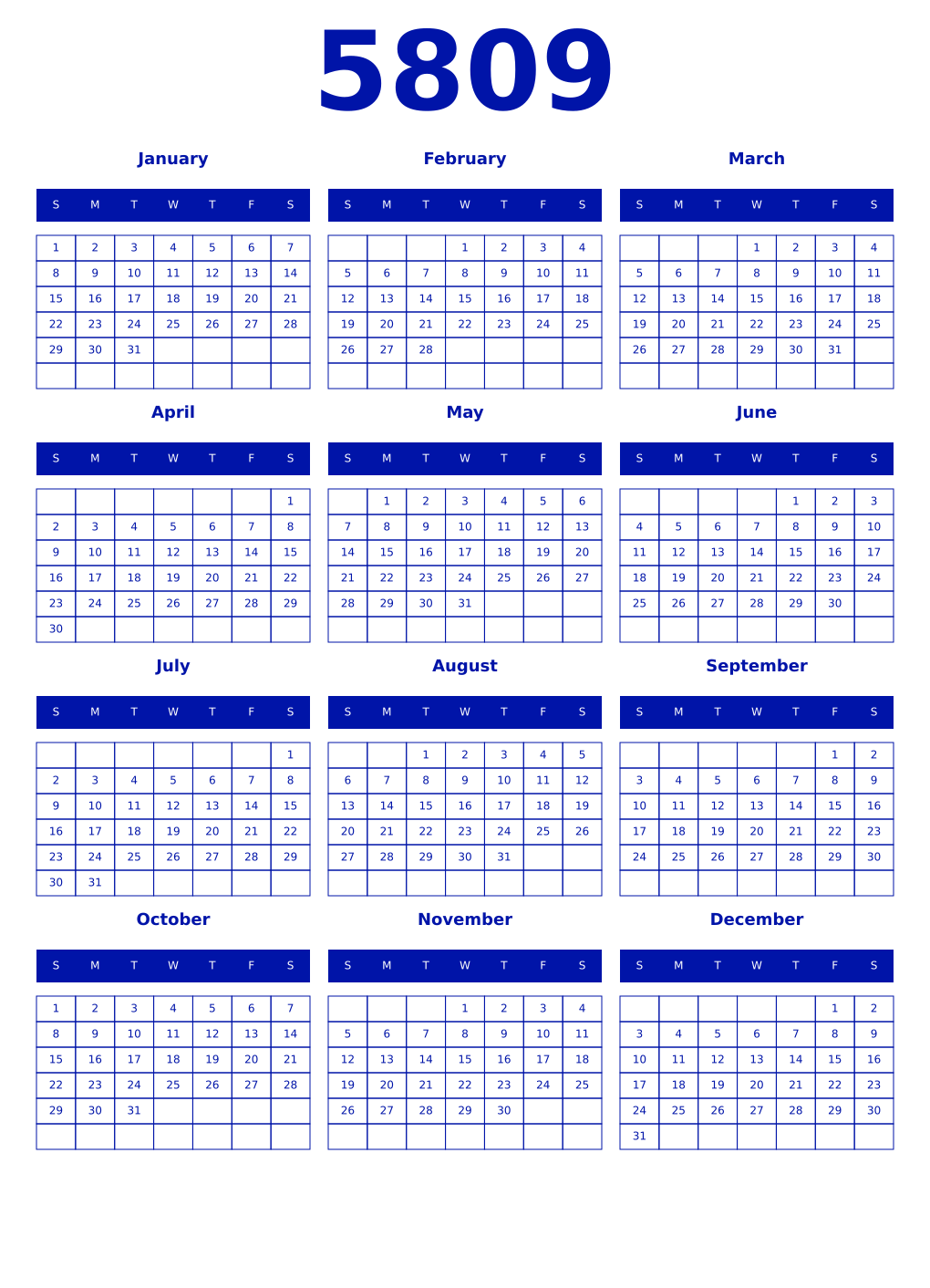 Printable 5809 Year Calendars zaffre