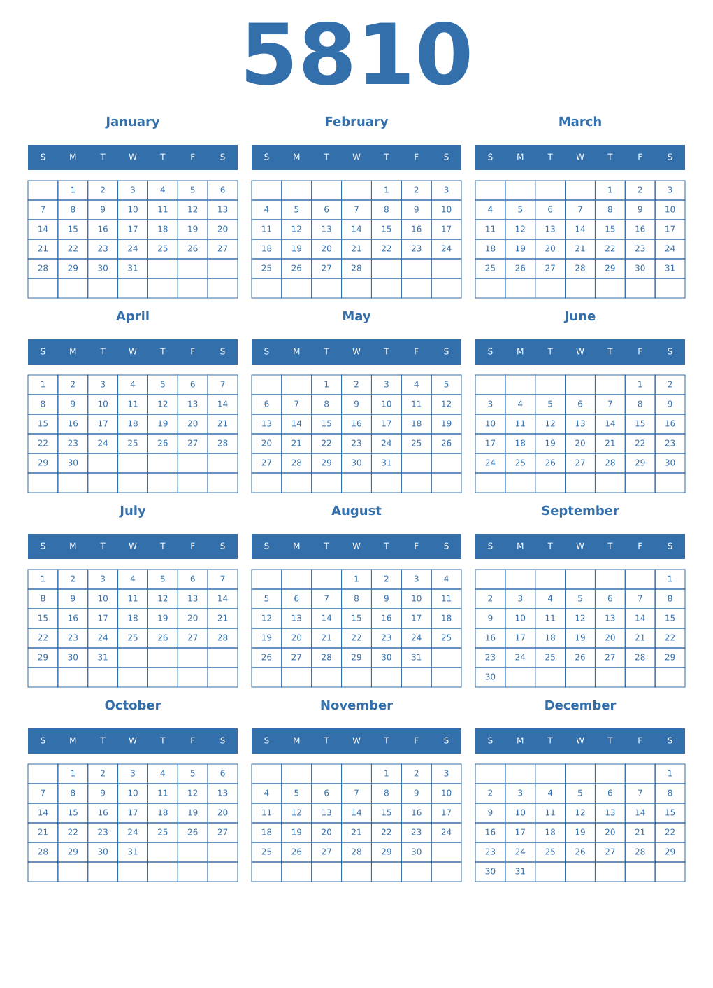 Printable 5810 Year Calendars blue