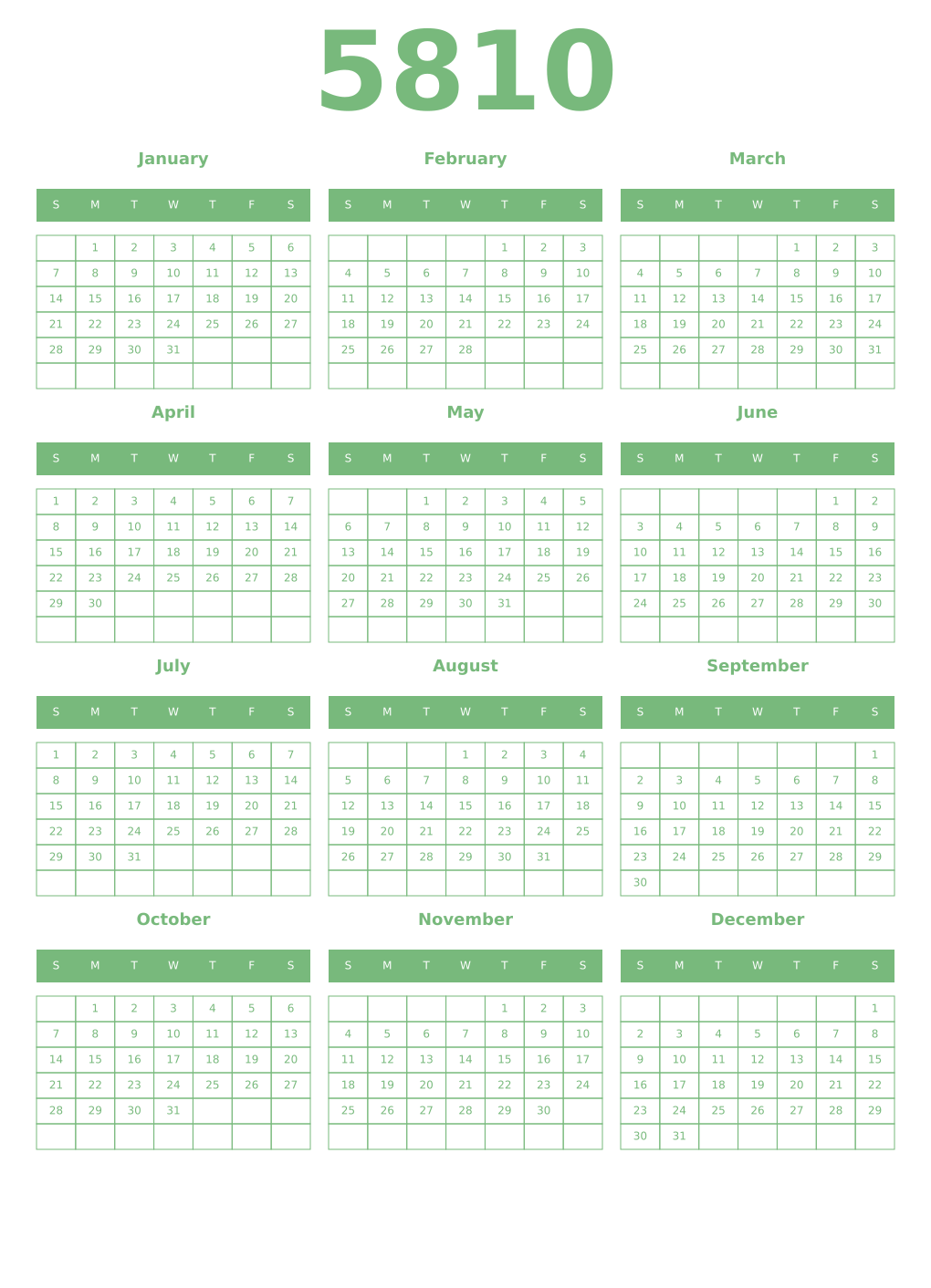 Printable 5810 Year Calendars celadon