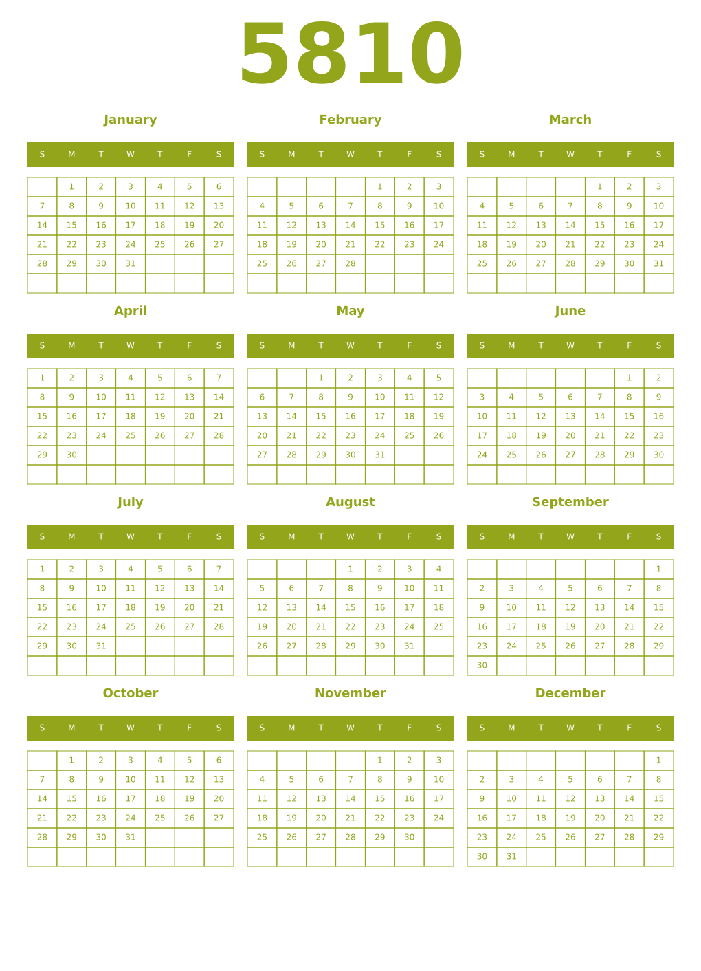 Printable 5810 Year Calendars chartreuse