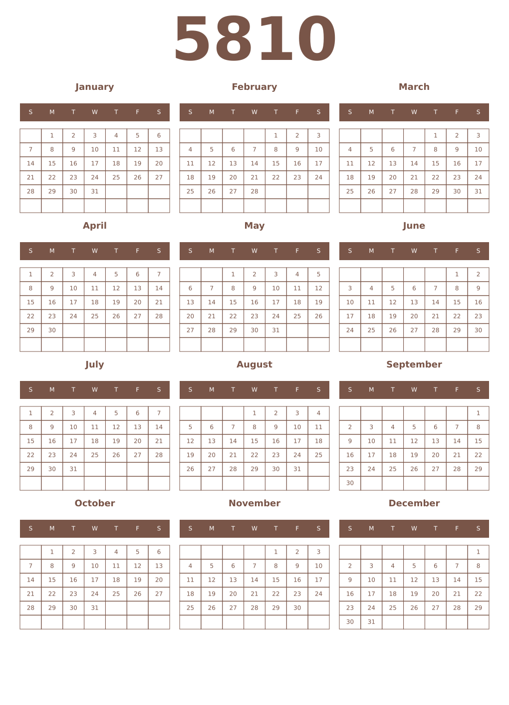 Printable 5810 Year Calendars coffe