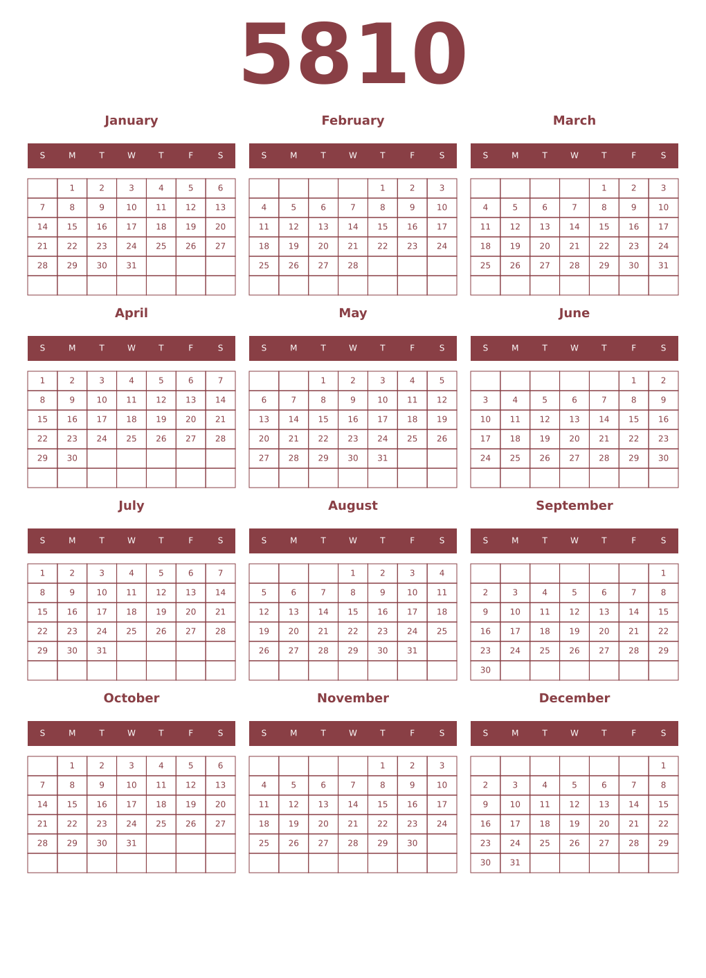 Printable 5810 Year Calendars cordovan