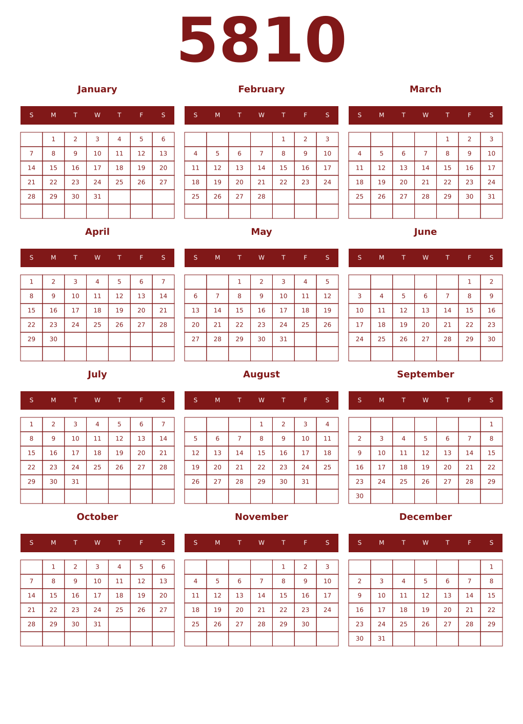 Printable 5810 Year Calendars falu