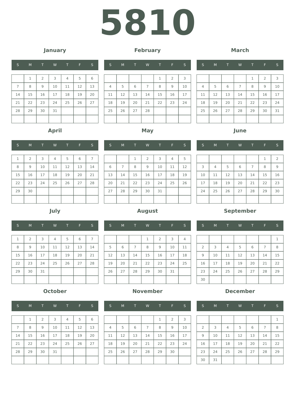 Printable 5810 Year Calendars feldgrau