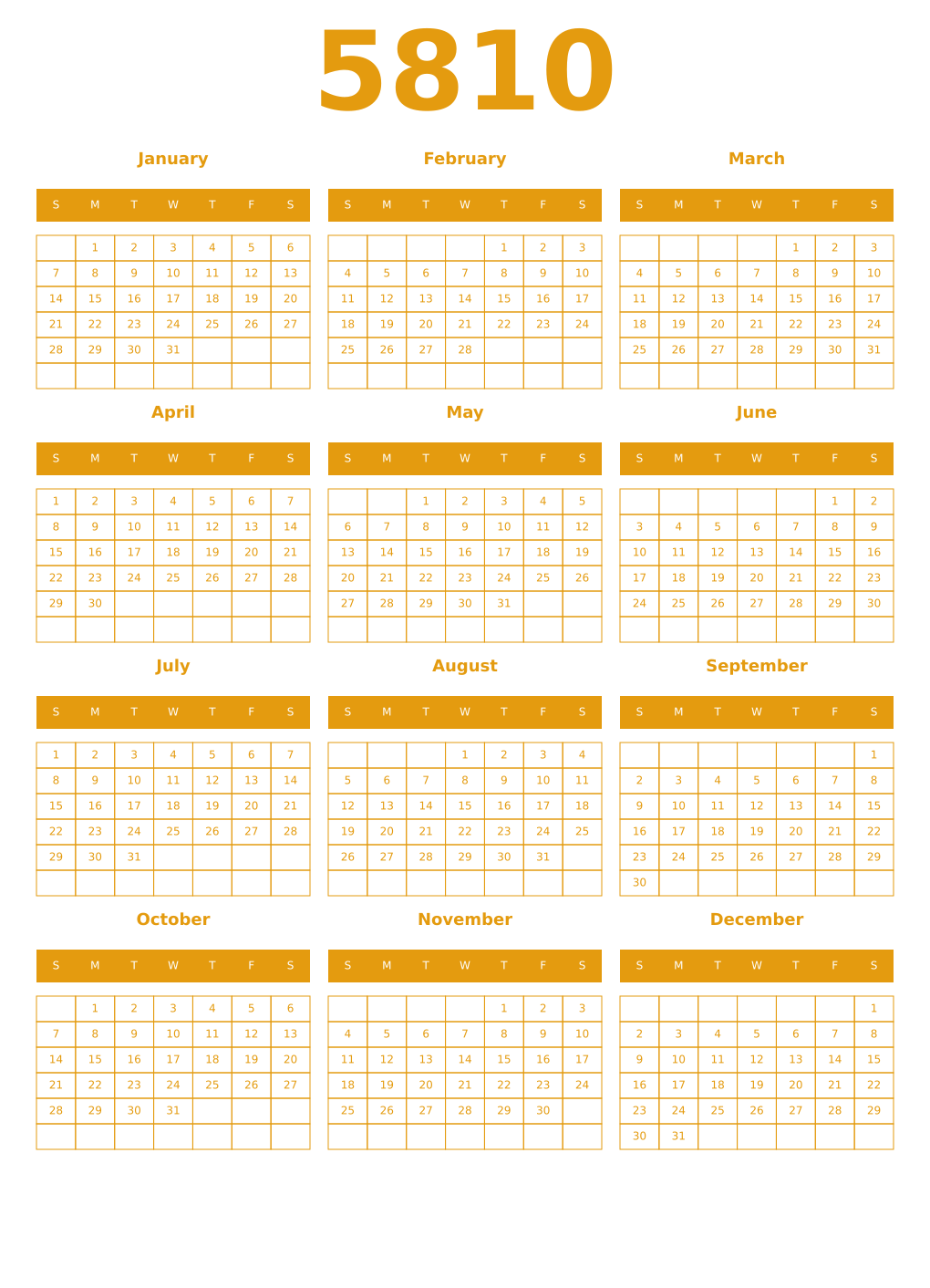 Printable 5810 Year Calendars gamboge