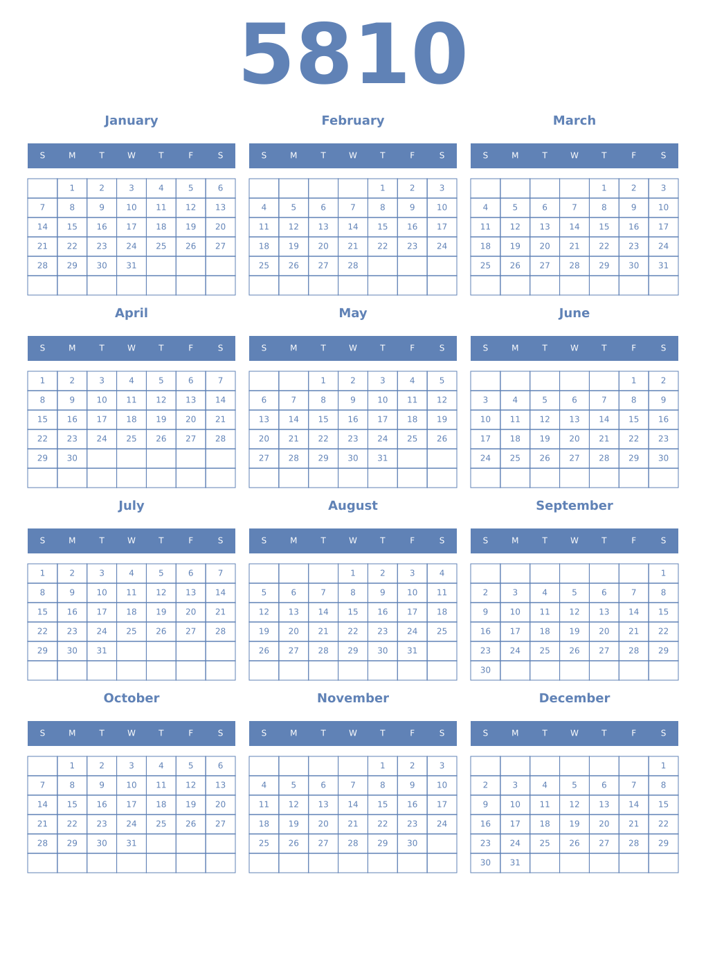 Printable 5810 Year Calendars glaucous