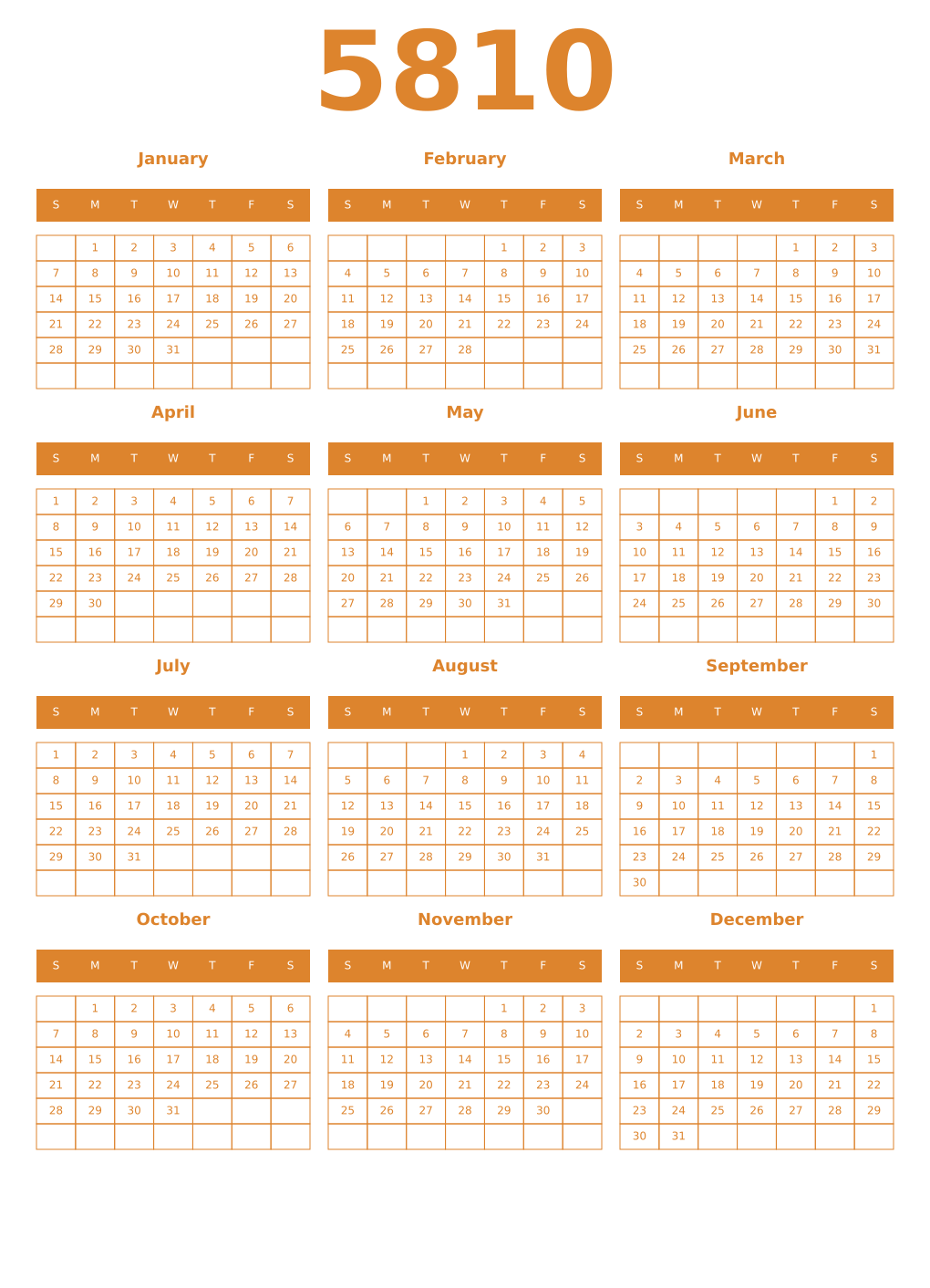 Printable 5810 Year Calendars orange