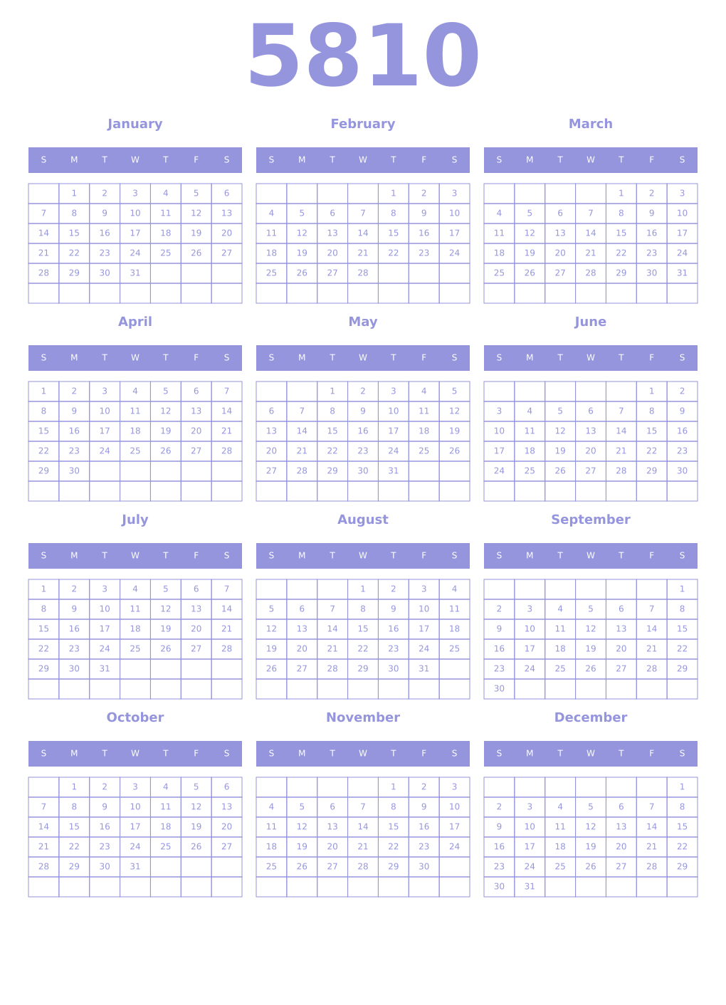 Printable 5810 Year Calendars periwinkle