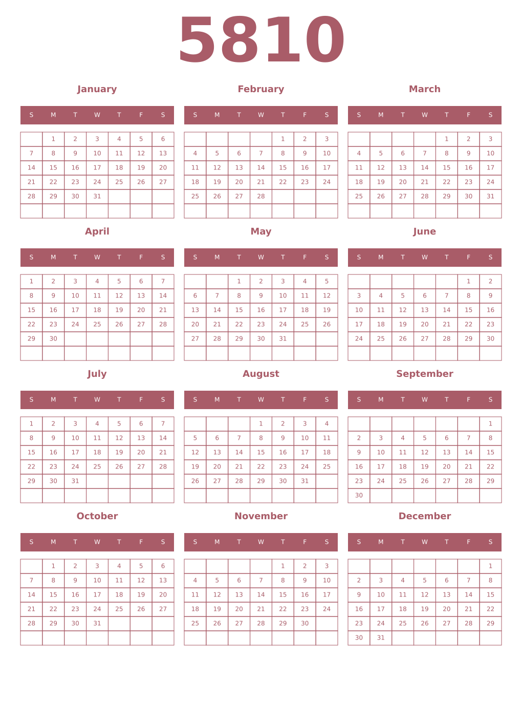 Printable 5810 Year Calendars puce