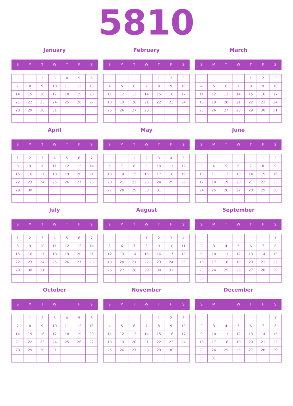 Printable 5810 Year Calendars purple