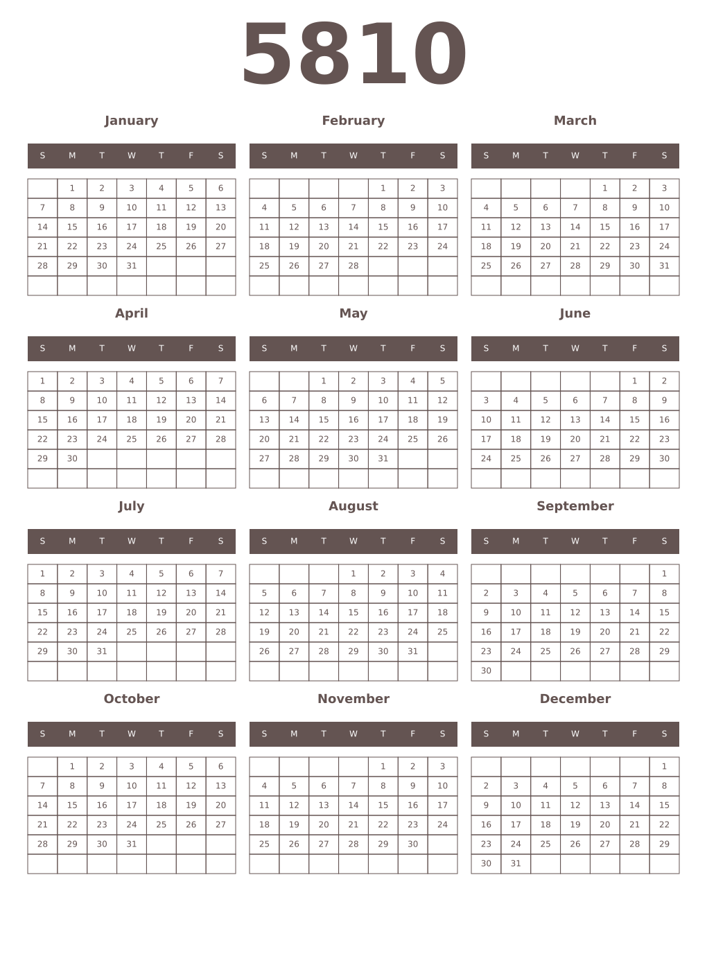 Printable 5810 Year Calendars wenge