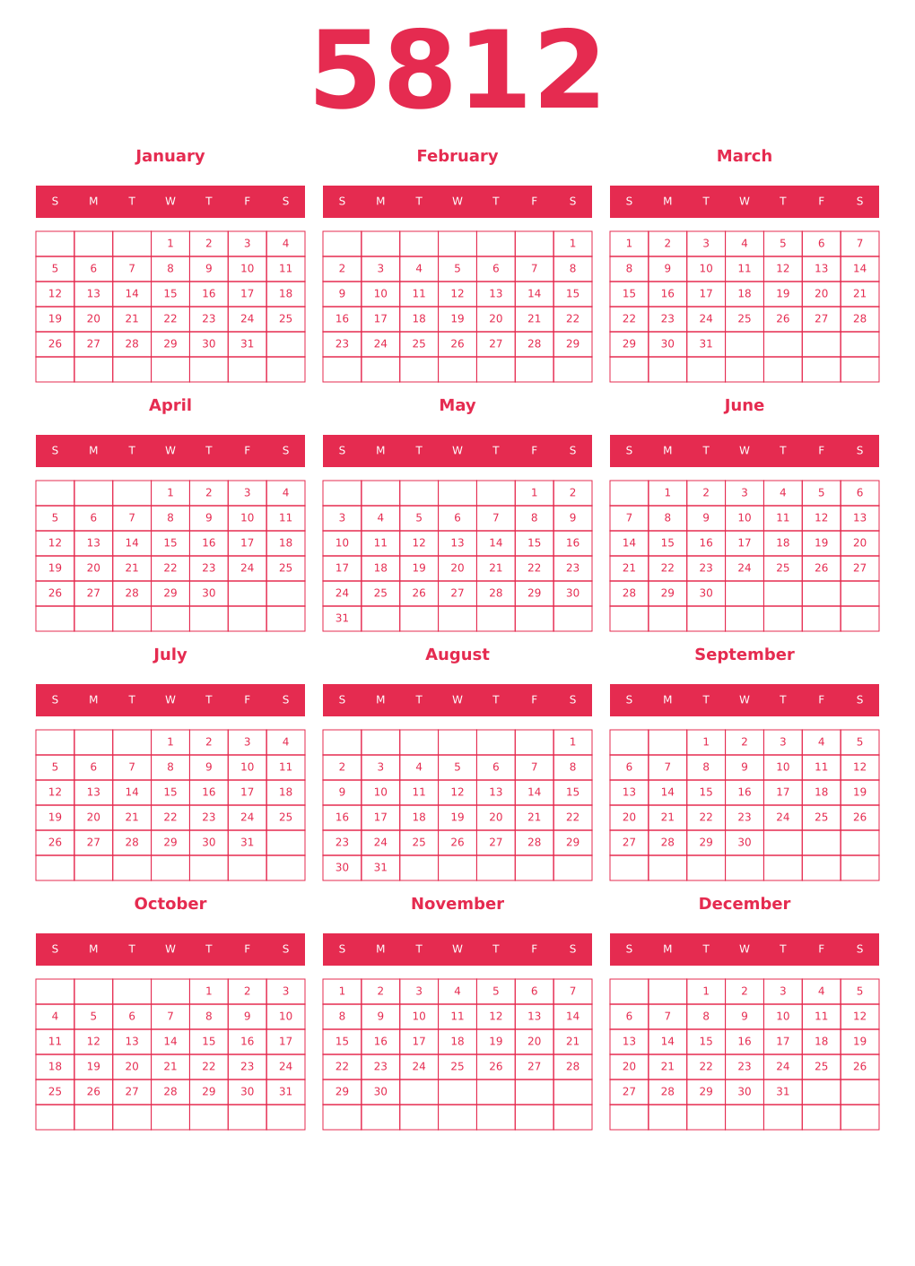 Printable 5812 Year Calendars amaranth
