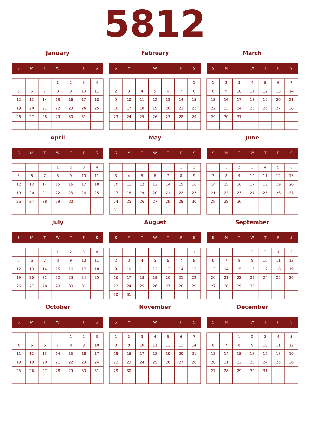 Printable 5812 Year Calendars falu
