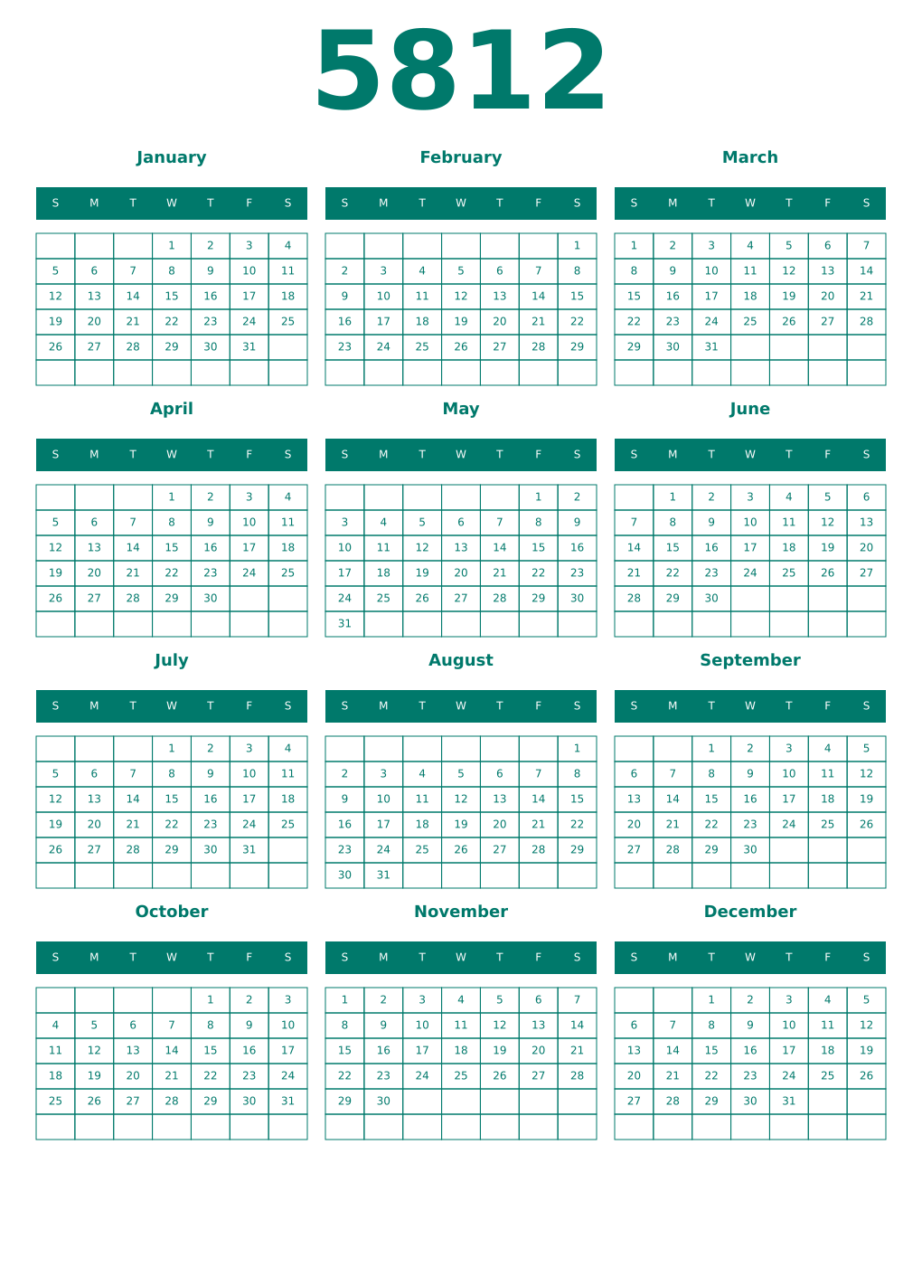 Printable 5812 Year Calendars pastel