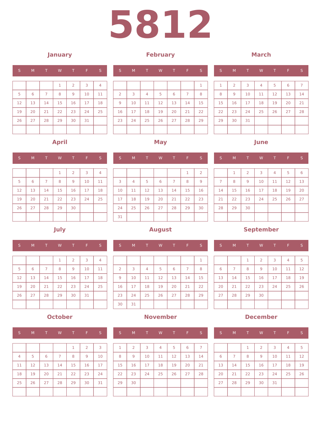 Printable 5812 Year Calendars puce