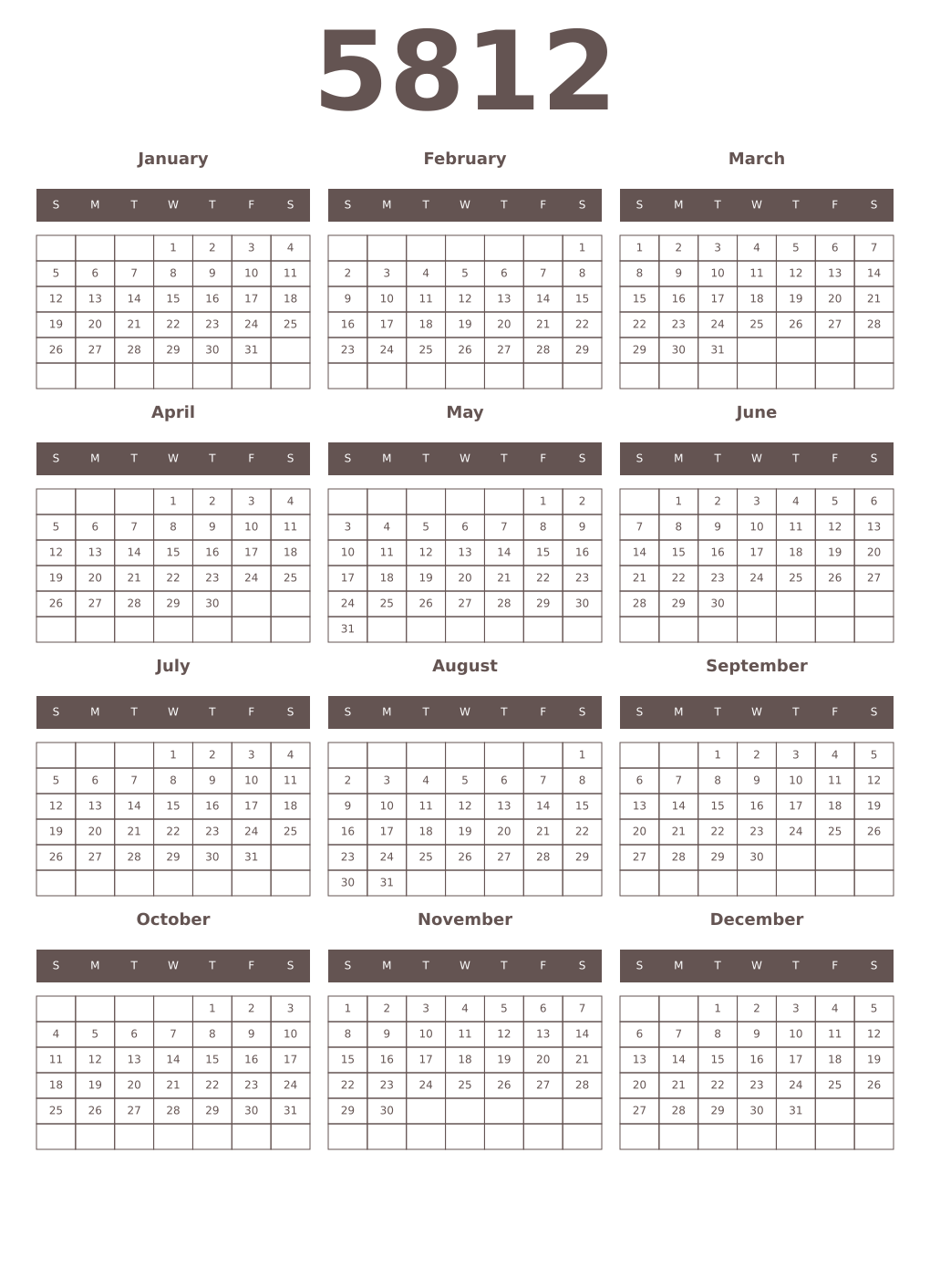 Printable 5812 Year Calendars wenge
