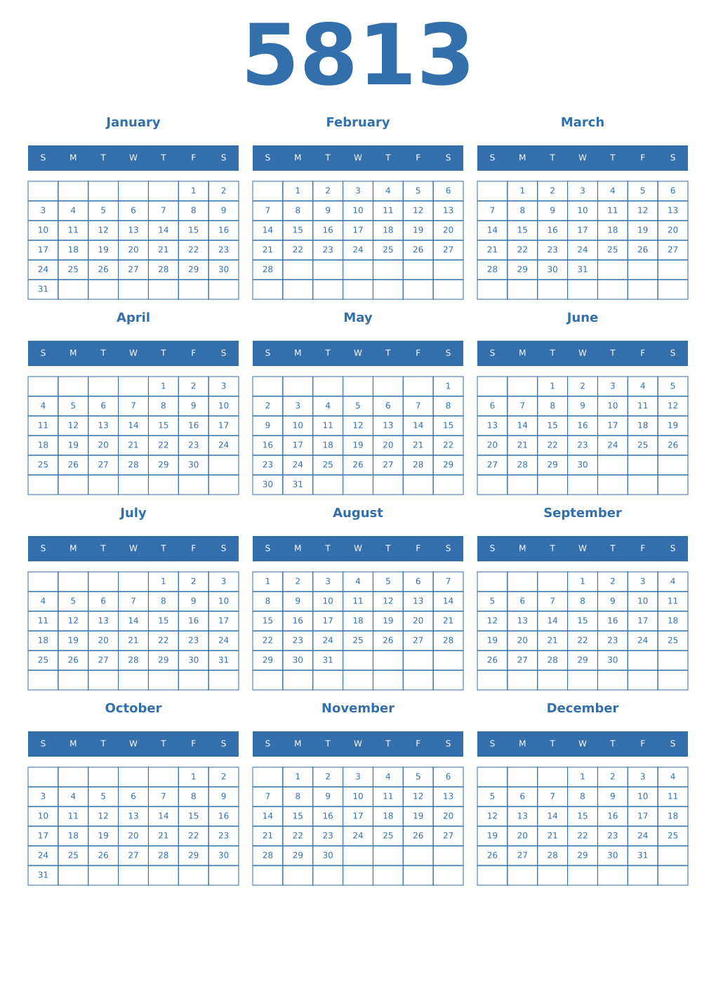 Printable 5813 Year Calendars blue