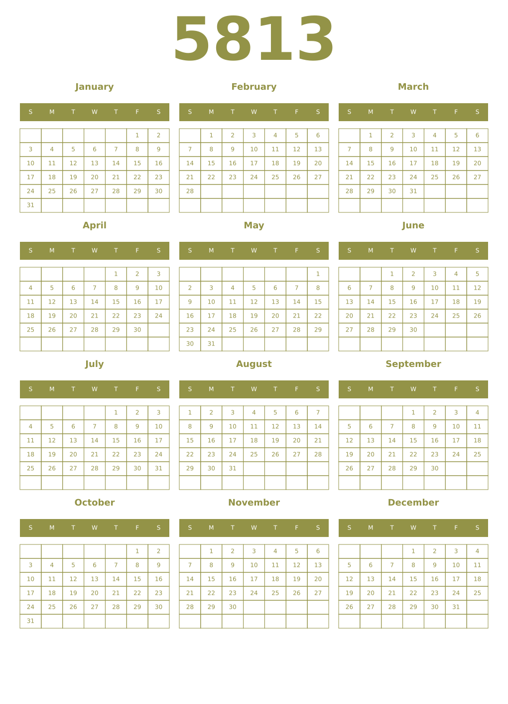 Printable 5813 Year Calendars eburnean