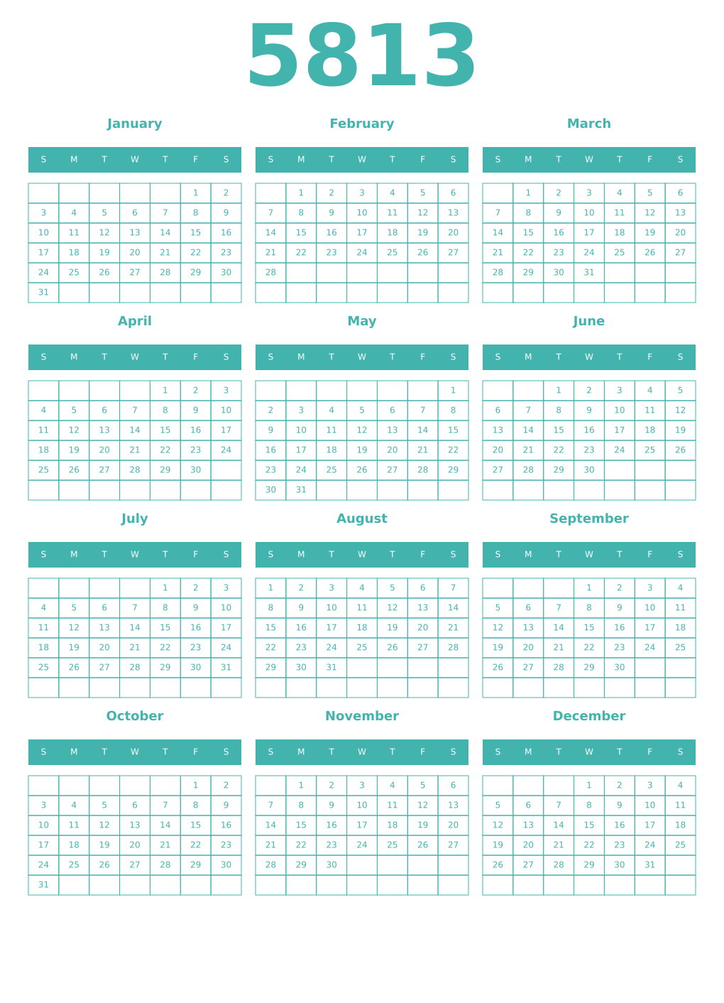 Printable 5813 Year Calendars verdigris