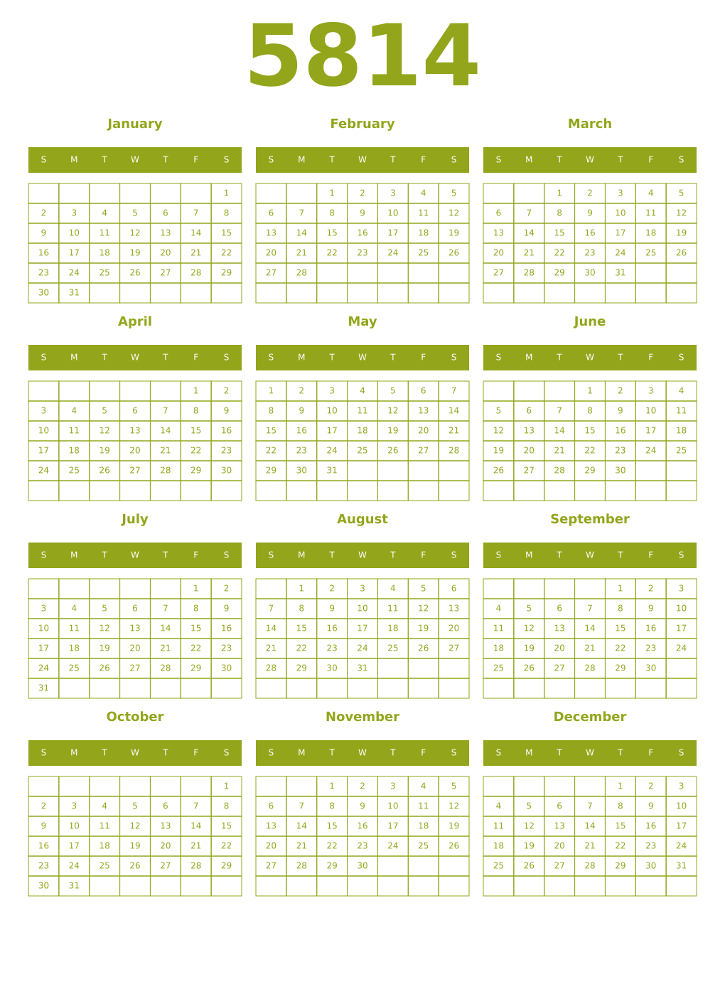 Printable 5814 Year Calendars chartreuse