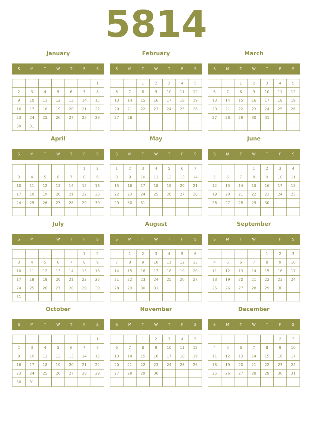 Printable 5814 Year Calendars eburnean