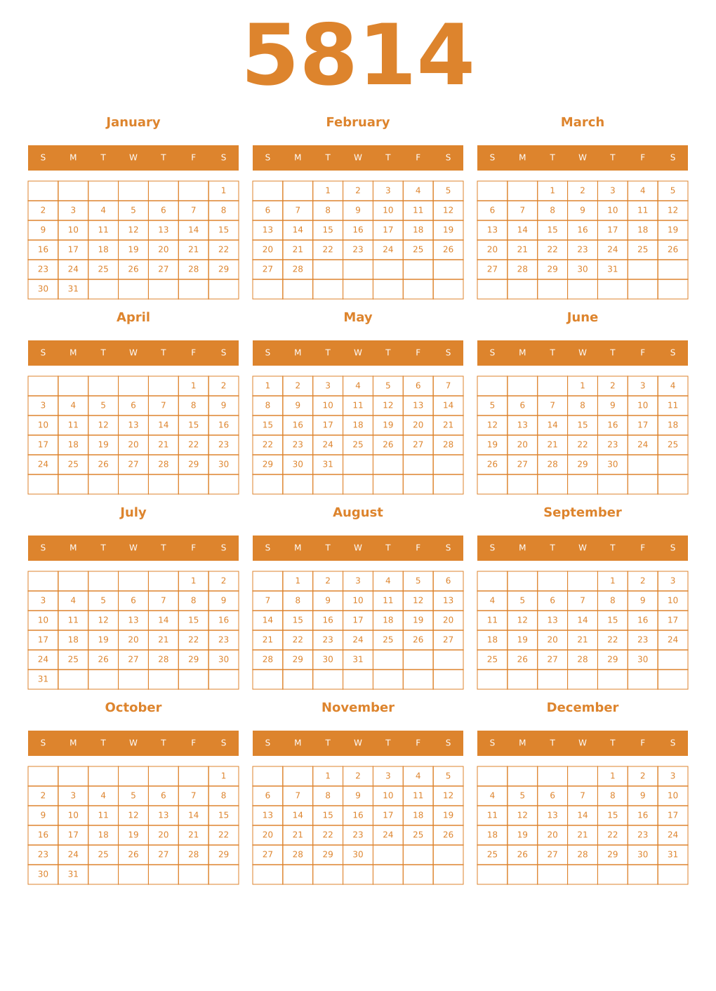 Printable 5814 Year Calendars orange