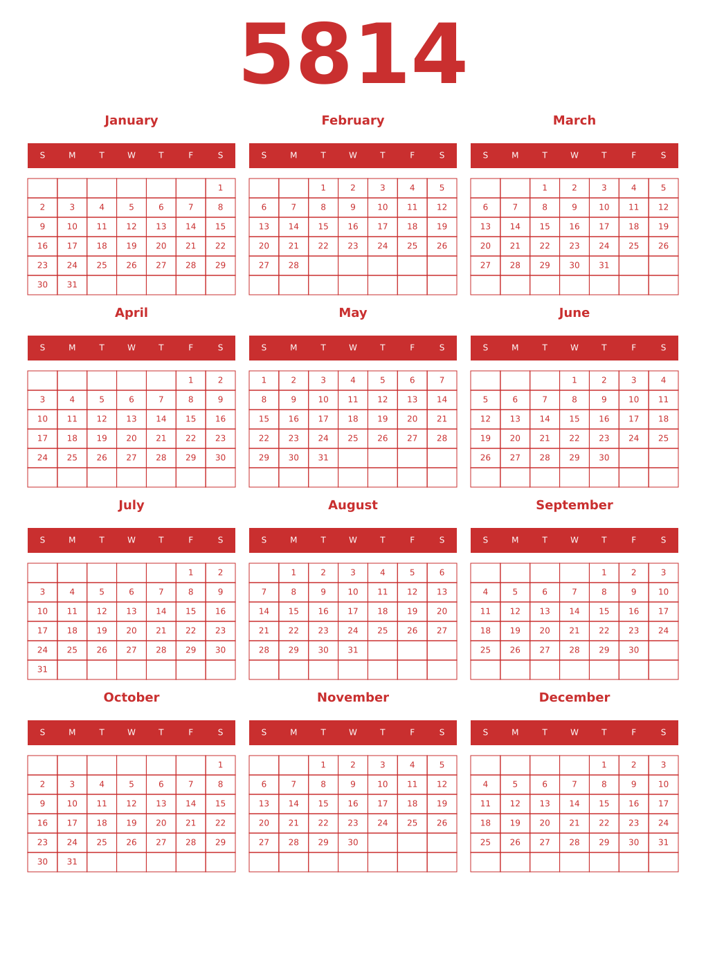 Printable 5814 Year Calendars red