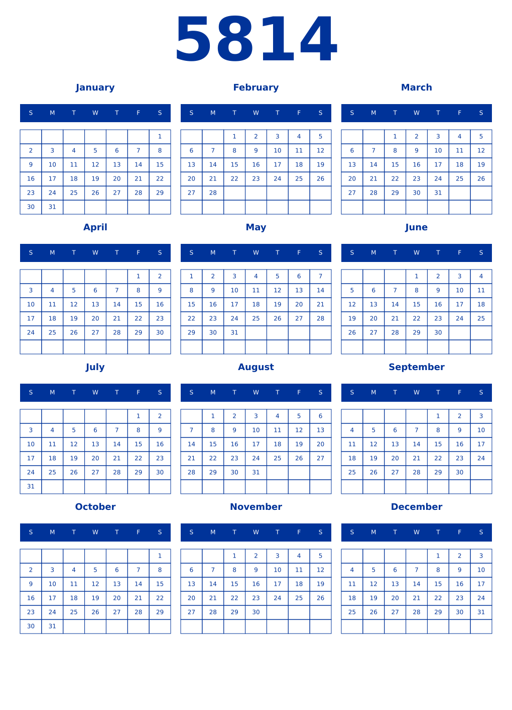 Printable 5814 Year Calendars smalt