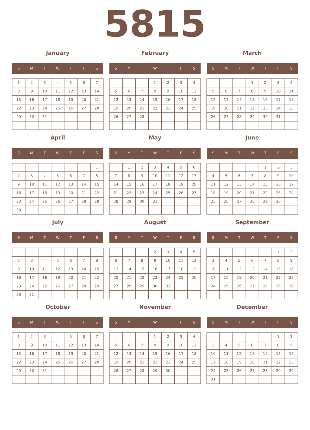 Printable 5815 Year Calendars coffe