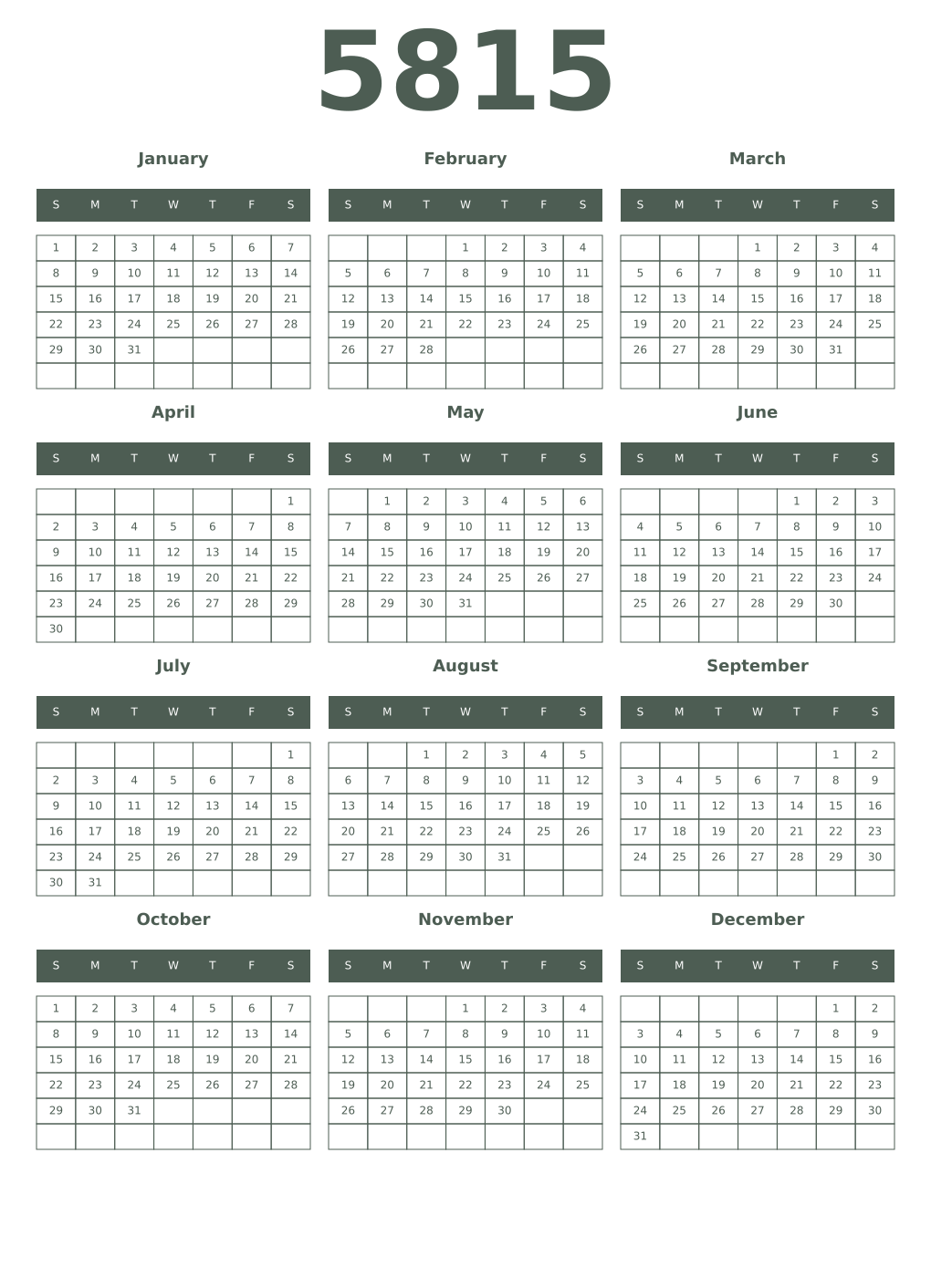 Printable 5815 Year Calendars feldgrau