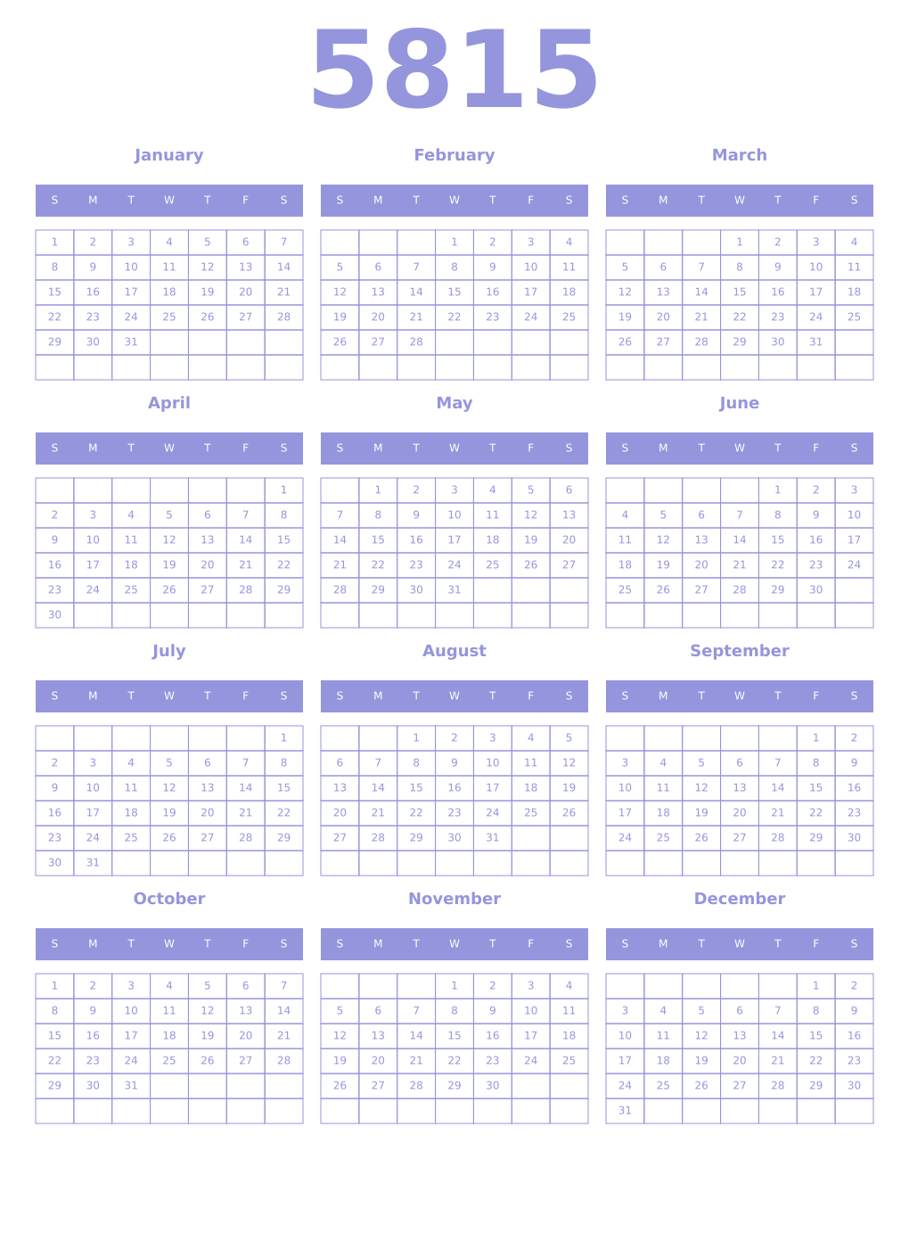 Printable 5815 Year Calendars periwinkle