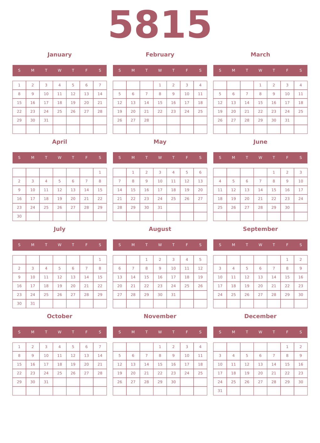 Printable 5815 Year Calendars puce