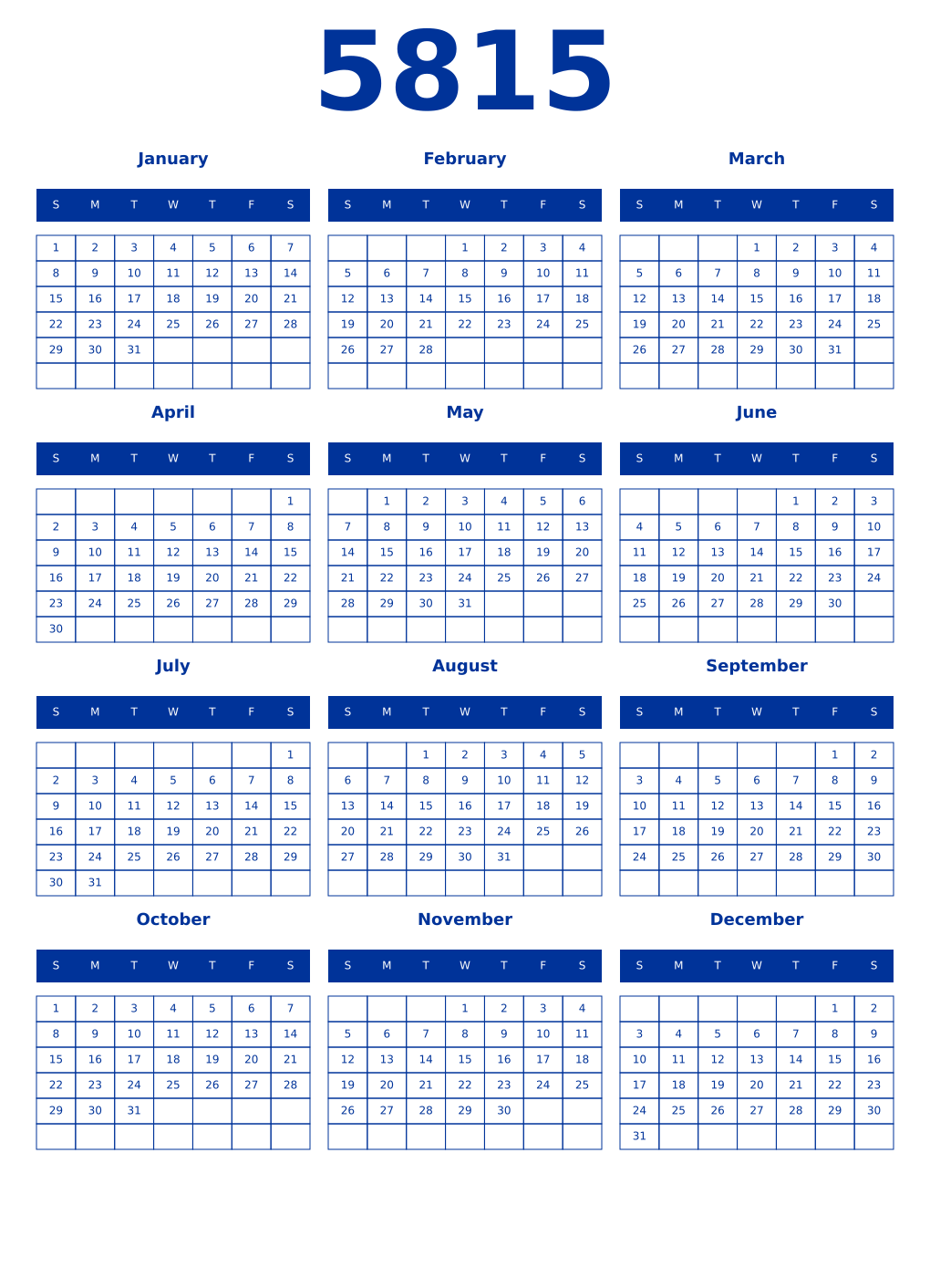 Printable 5815 Year Calendars smalt