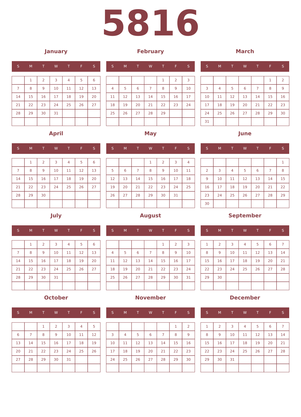 Printable 5816 Year Calendars cordovan