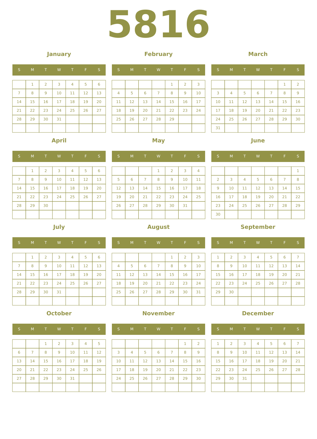 Printable 5816 Year Calendars eburnean