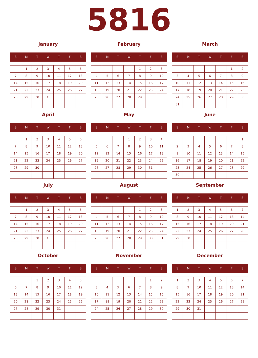Printable 5816 Year Calendars falu