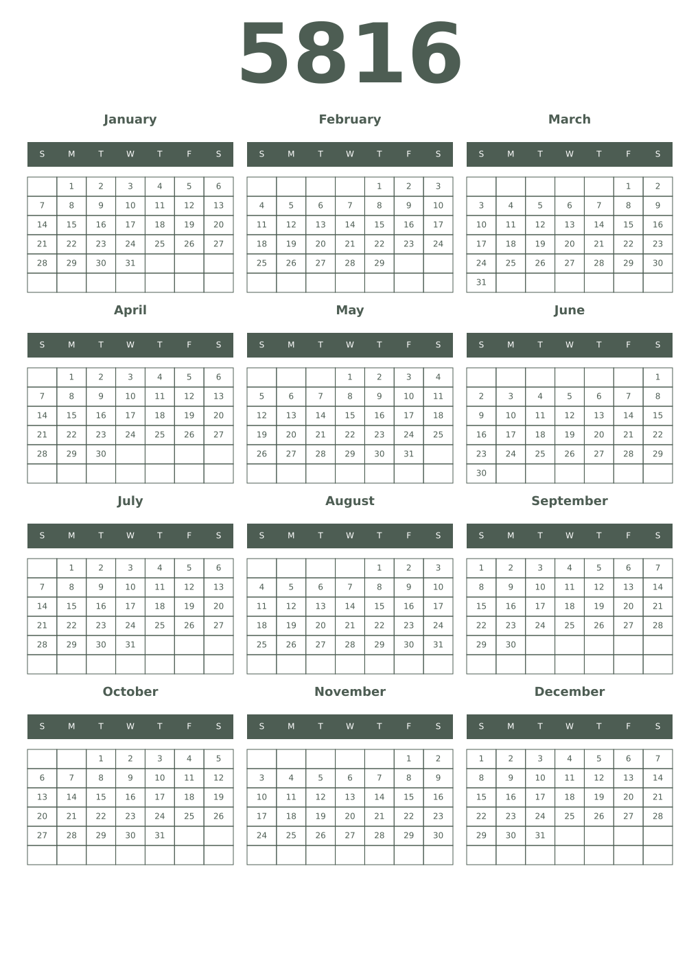 Printable 5816 Year Calendars feldgrau