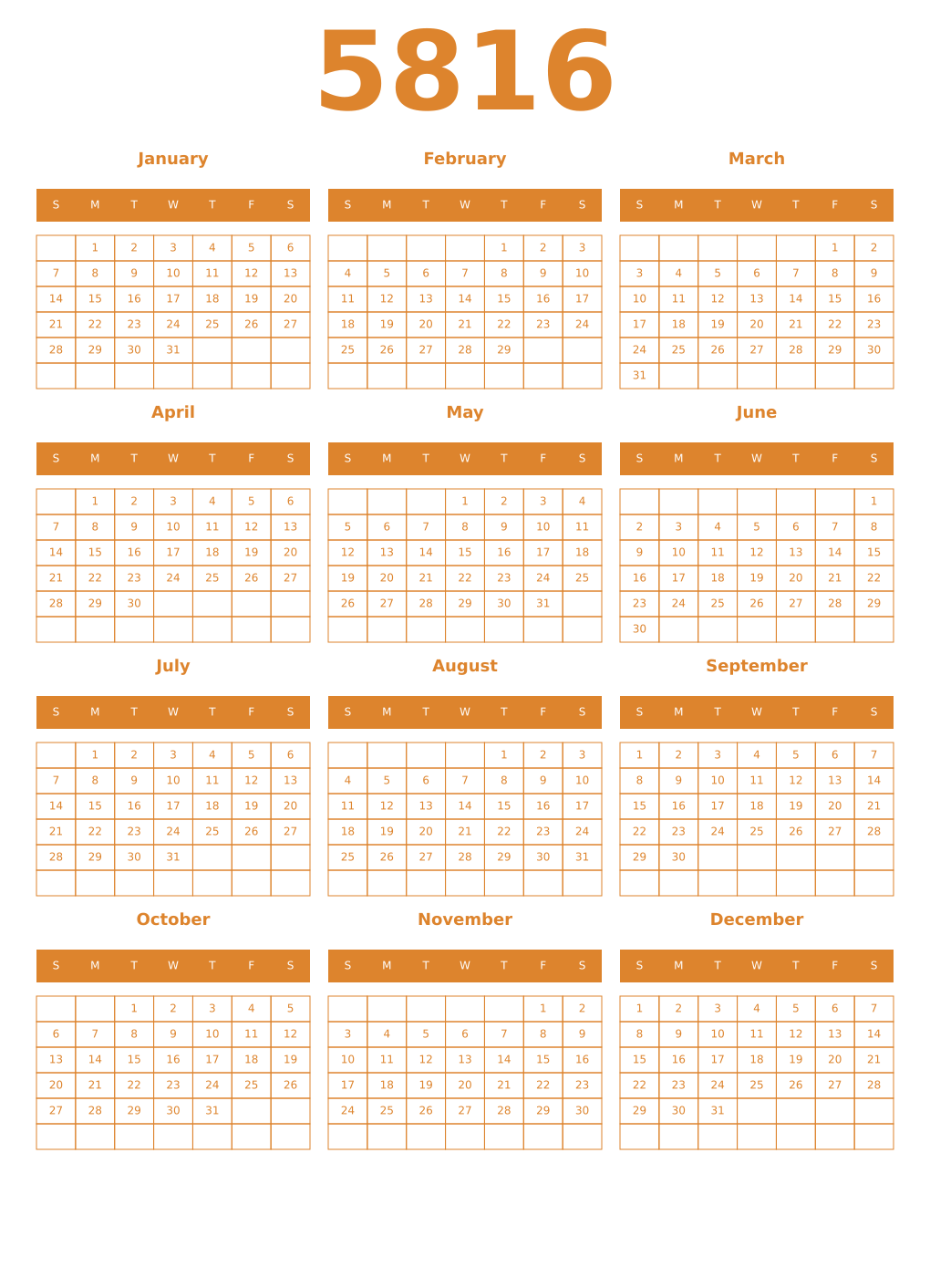 Printable 5816 Year Calendars orange