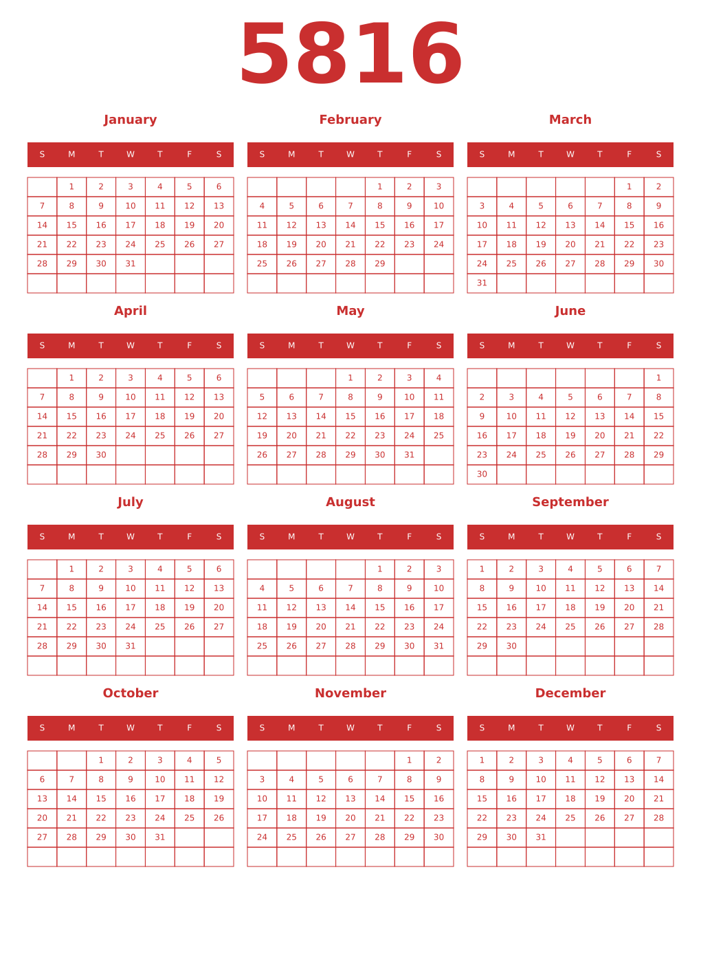 Printable 5816 Year Calendars red