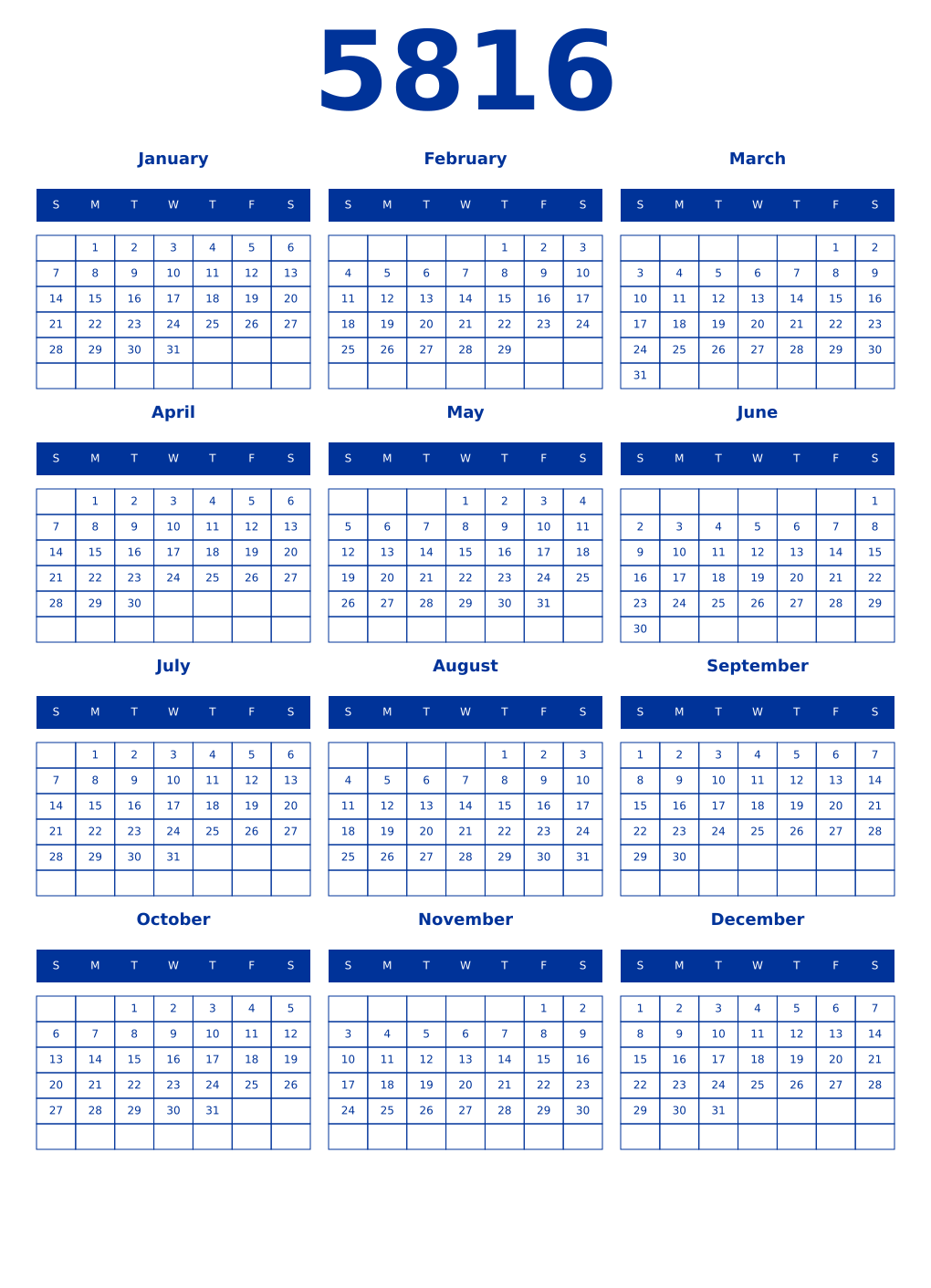Printable 5816 Year Calendars smalt