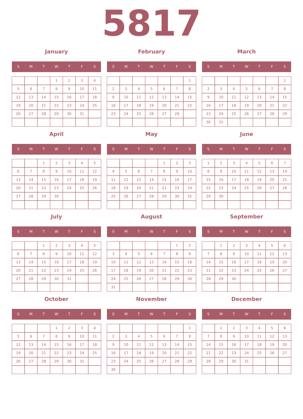 Printable 5817 Year Calendars puce