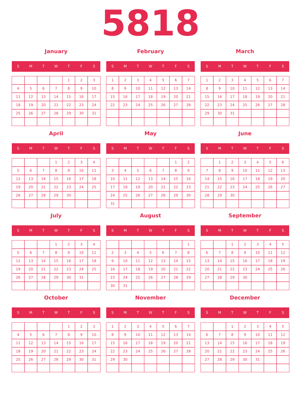 Printable 5818 Year Calendars amaranth