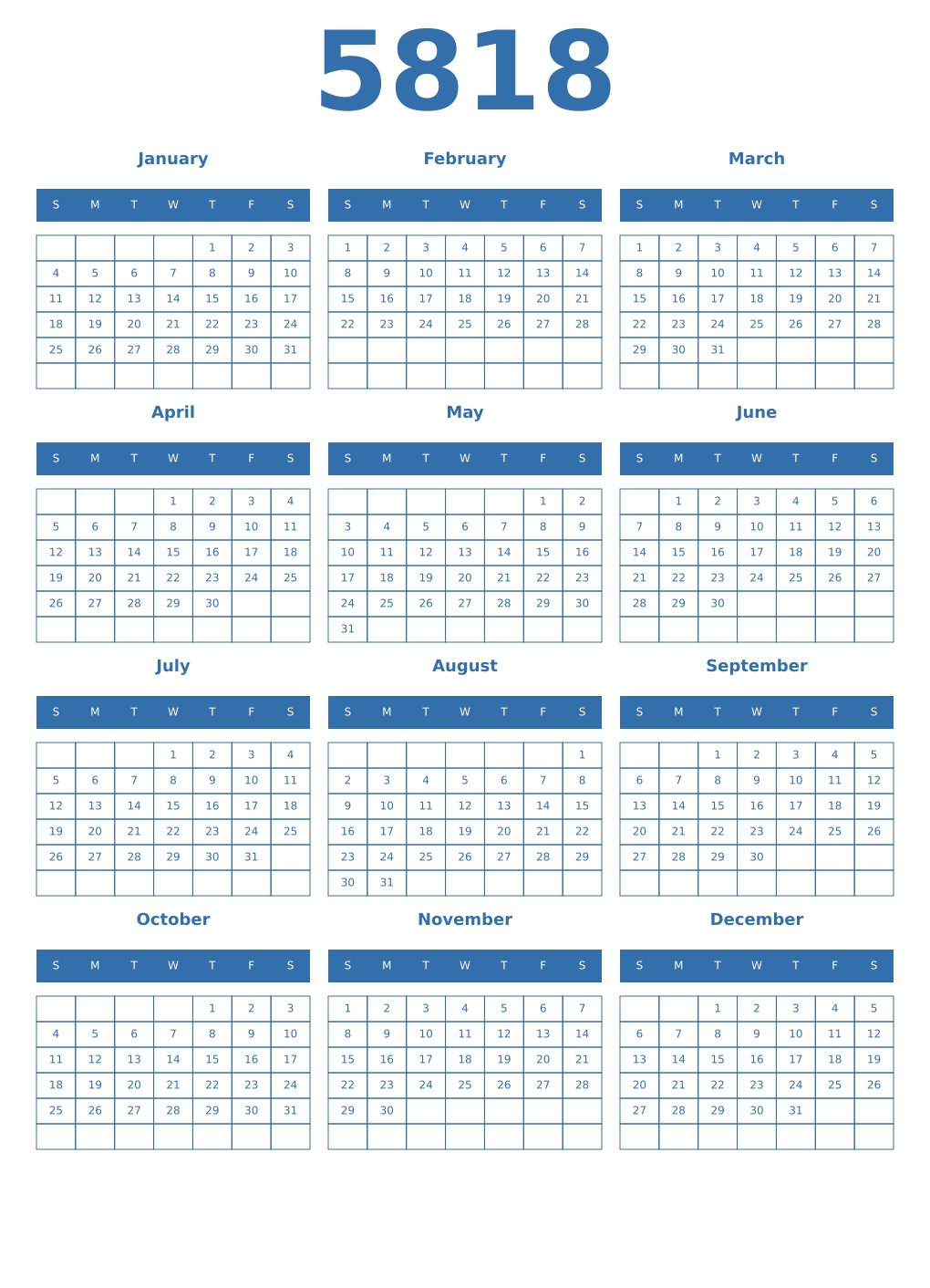 Printable 5818 Year Calendars blue