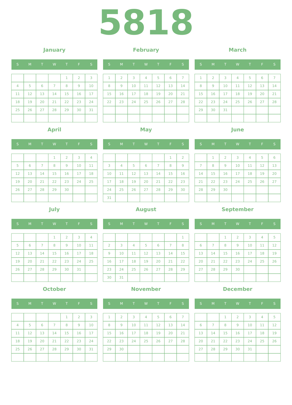 Printable 5818 Year Calendars celadon