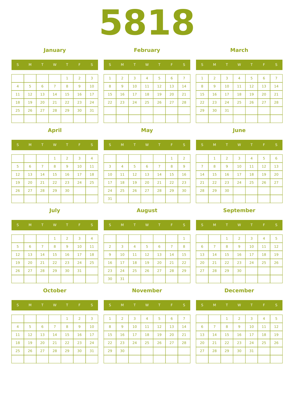Printable 5818 Year Calendars chartreuse