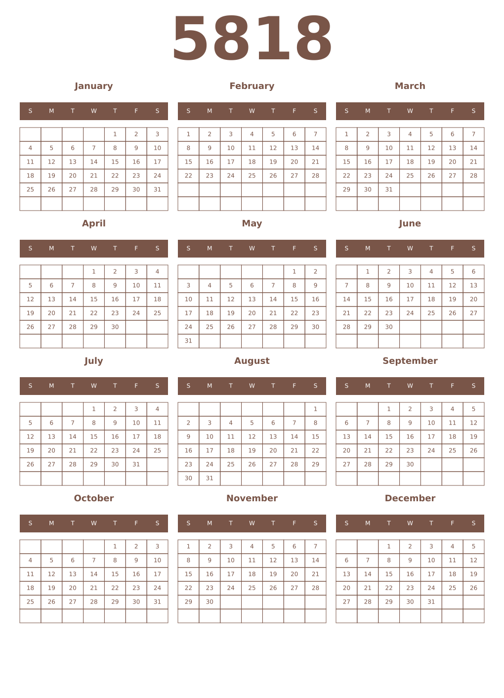 Printable 5818 Year Calendars coffe