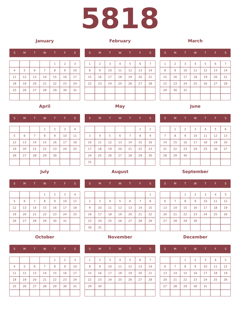 Printable 5818 Year Calendars cordovan